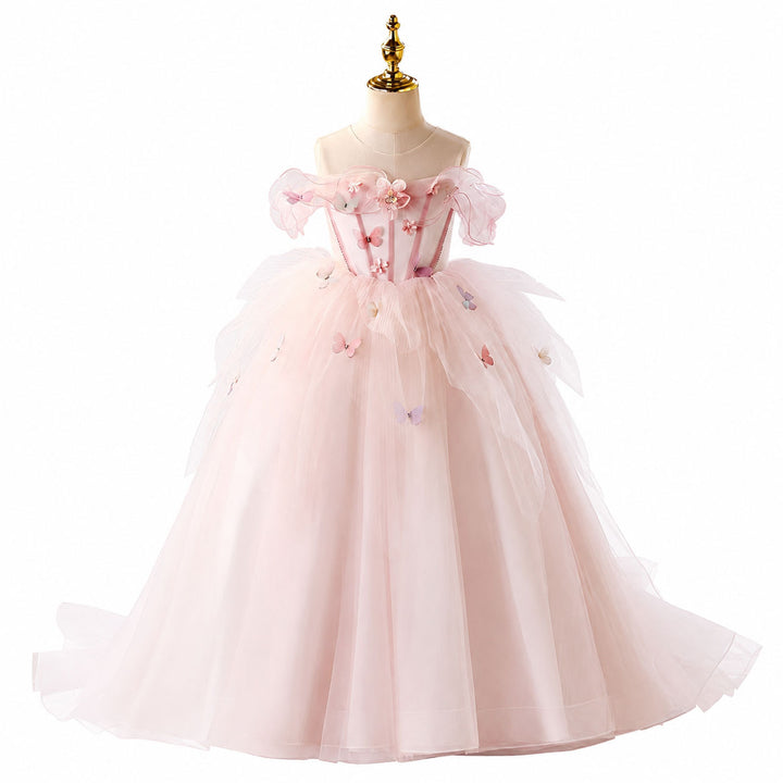 Pink long flower girl dress D366 white background image