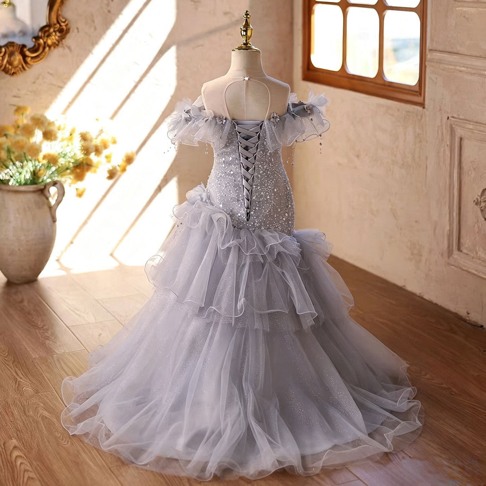 D367 gray lace-up mermaid dress back