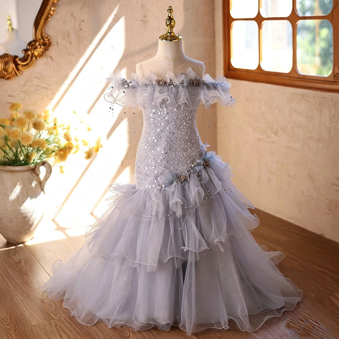D367 gray mermaid flower girl dress full view