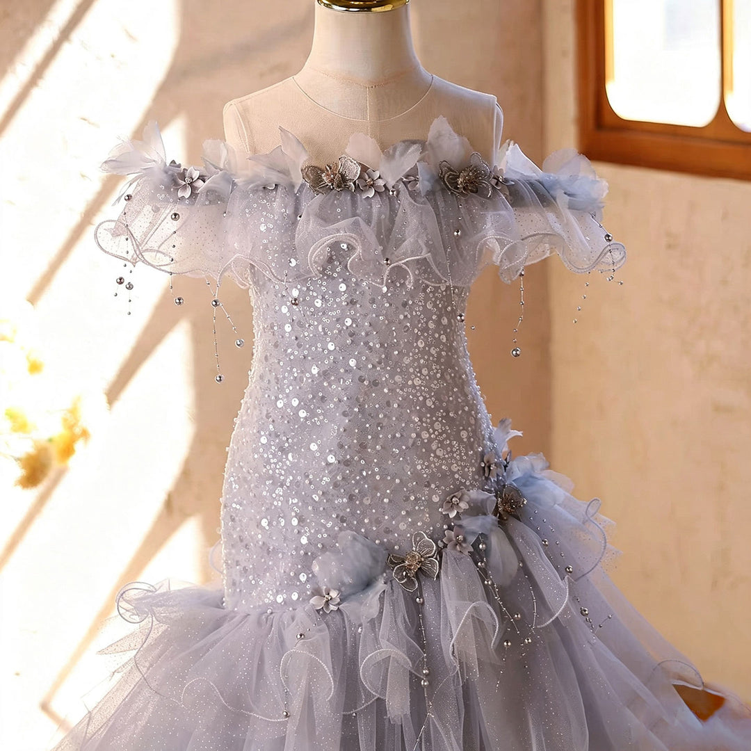 D367 gray off-shoulder sequin bodice detail