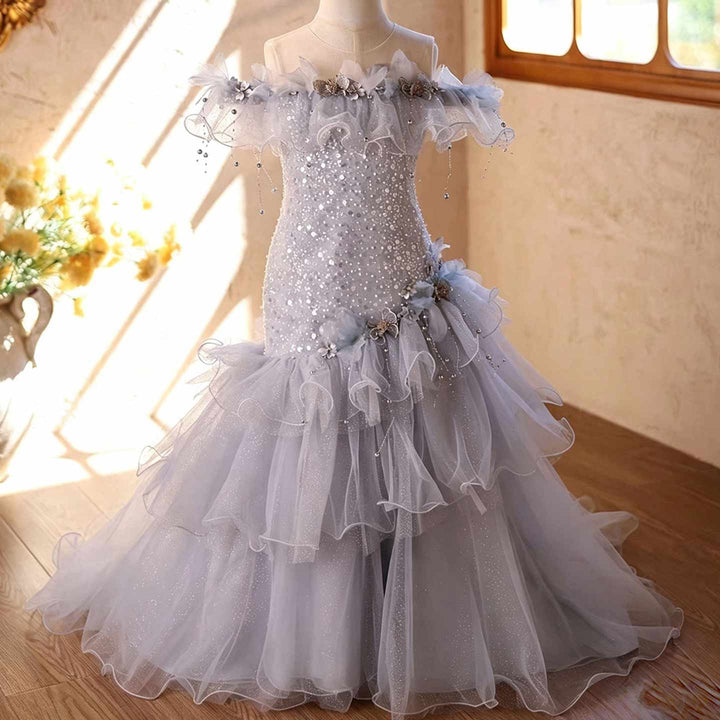 D367 gray layered ruffle flower girl dress detail