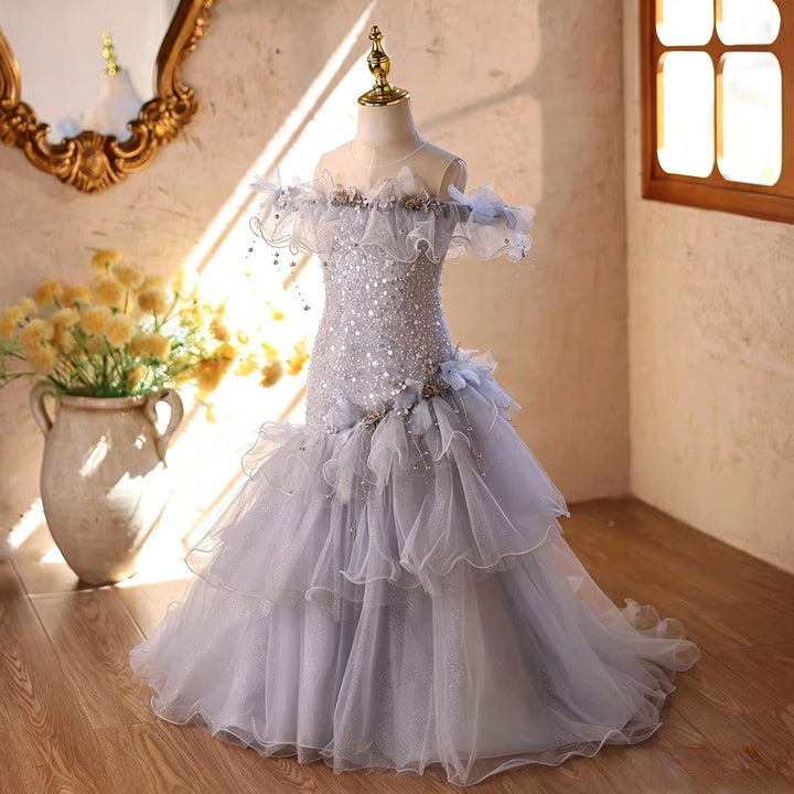 D367 gray ruffle mermaid dress side
