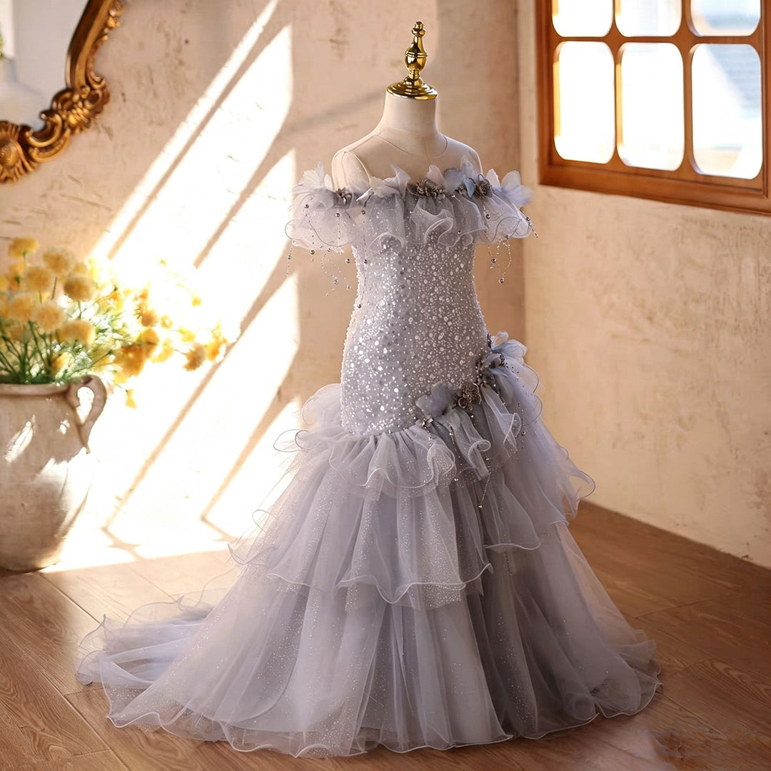 D367 gray sequin mermaid flower girl dress angle