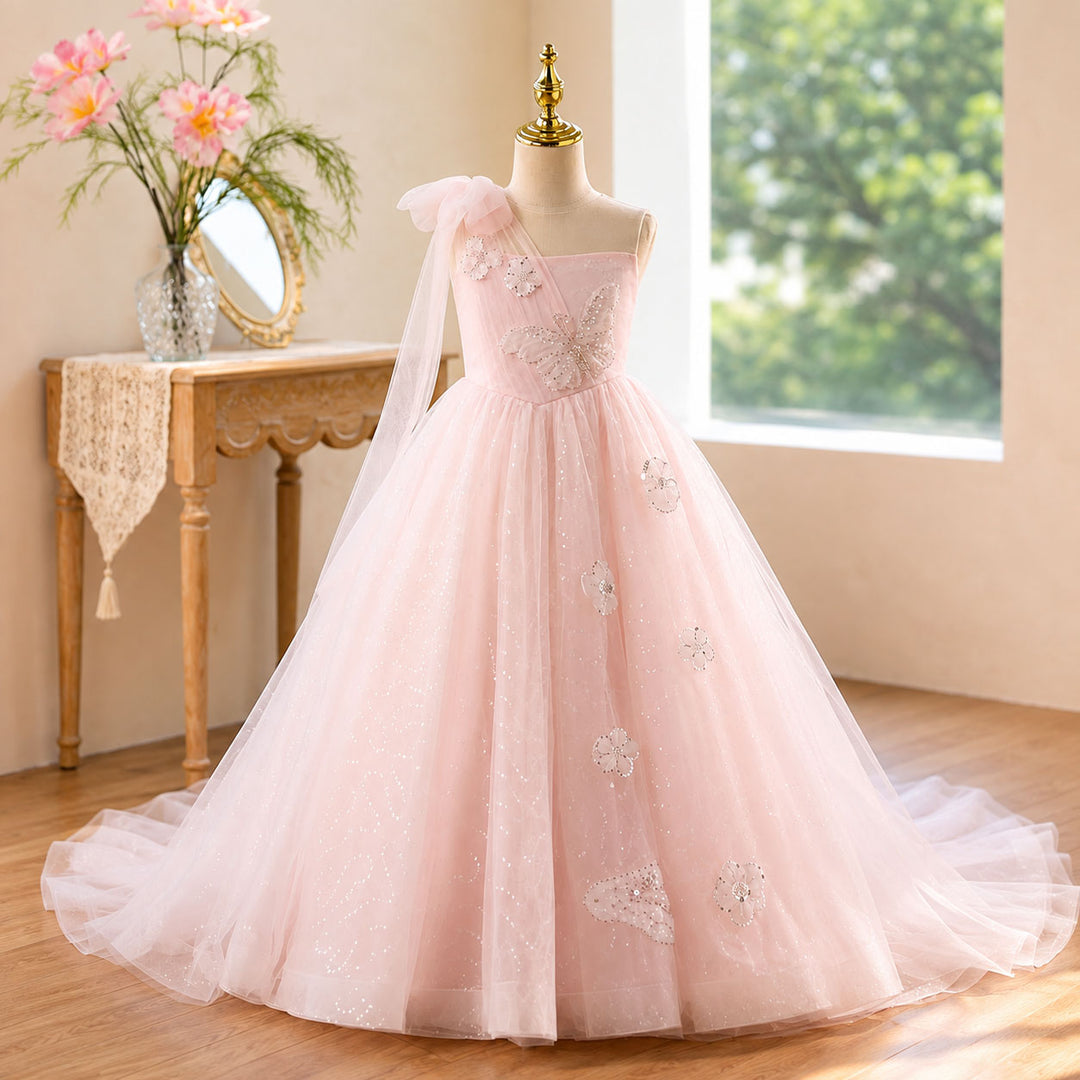 D368 pink butterfly flower girl dress front