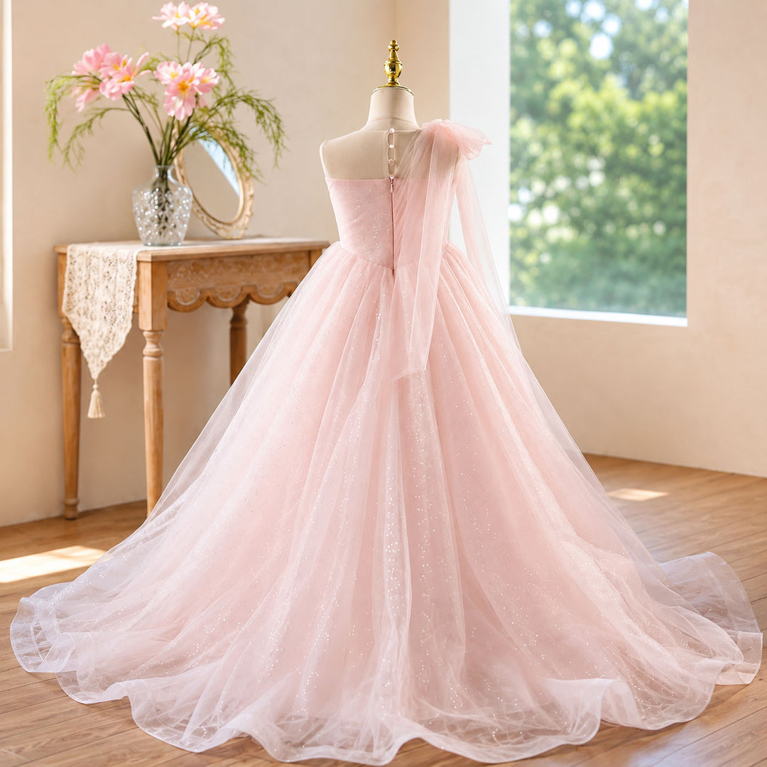 D368 pink one shoulder flower girl dress back