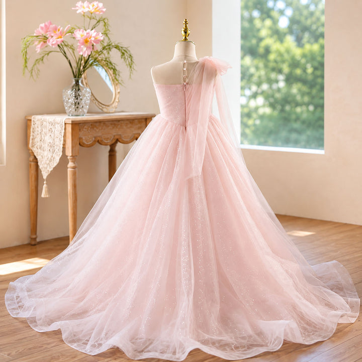 D368 pink one shoulder flower girl dress back