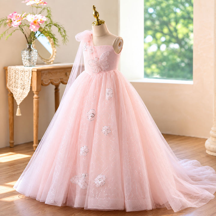D368 pink tulle flower girl dress side