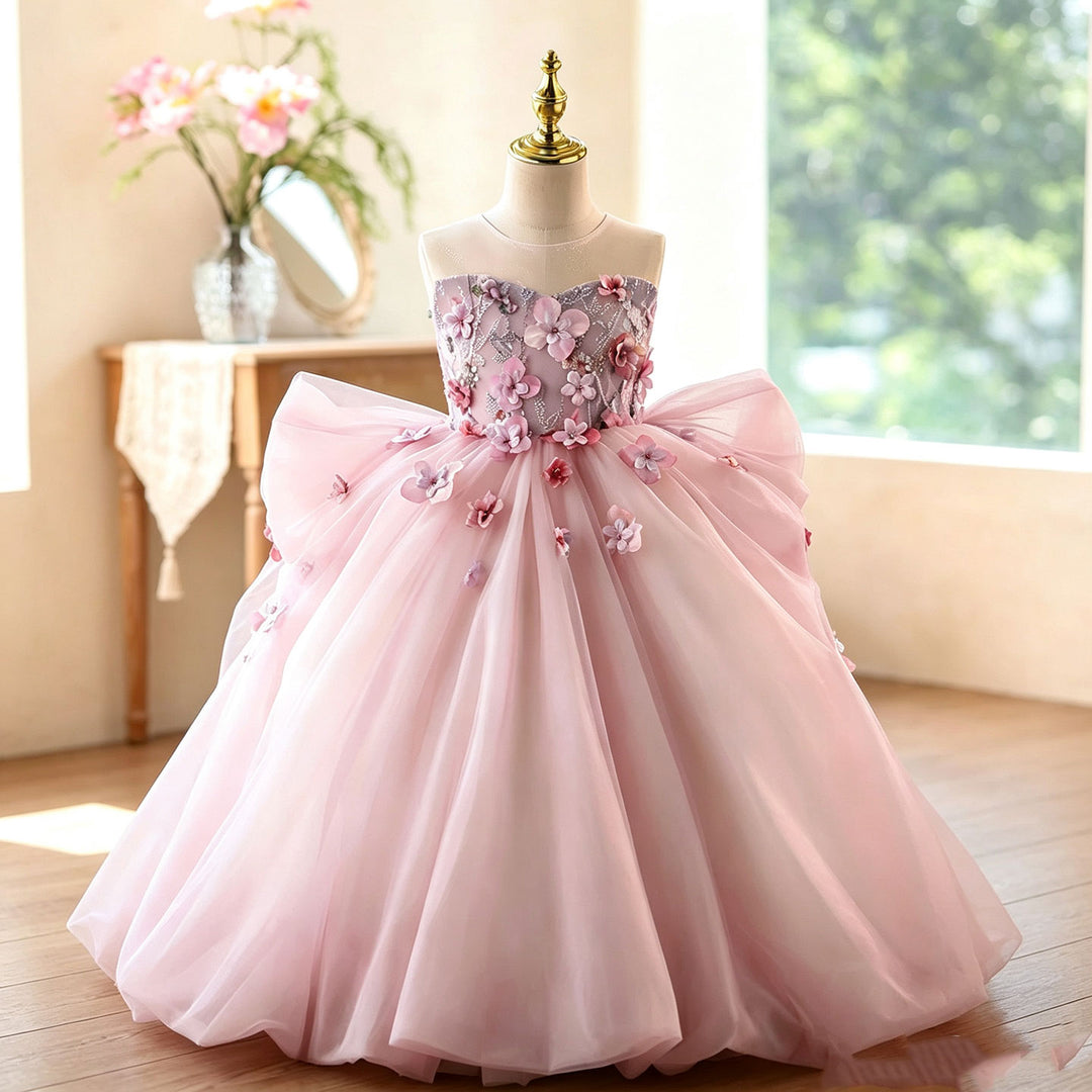 D369 pink 3D floral flower girl dress front