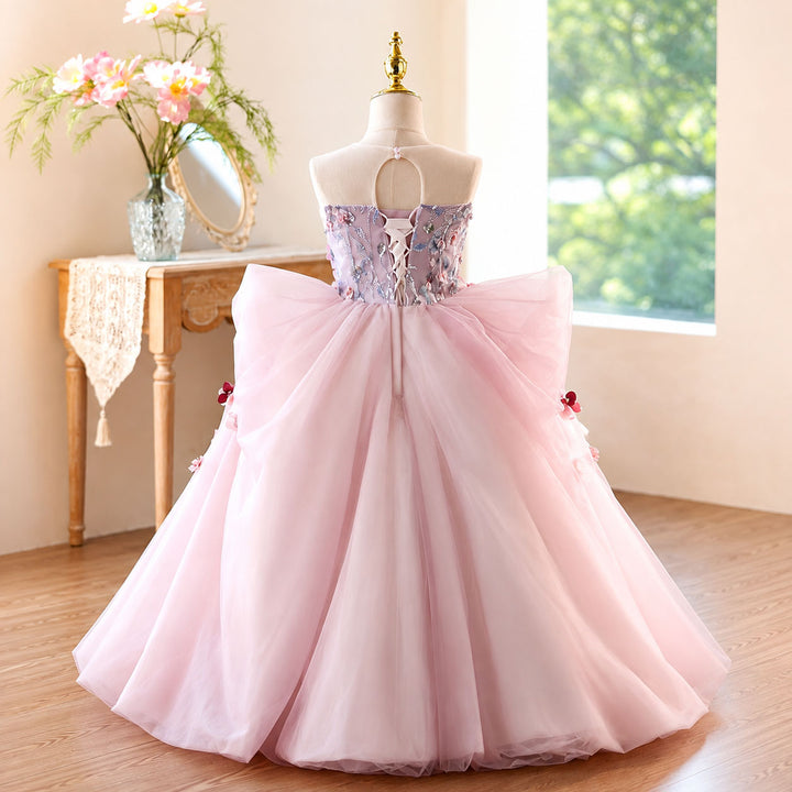 D369 pink lace-up flower girl dress back