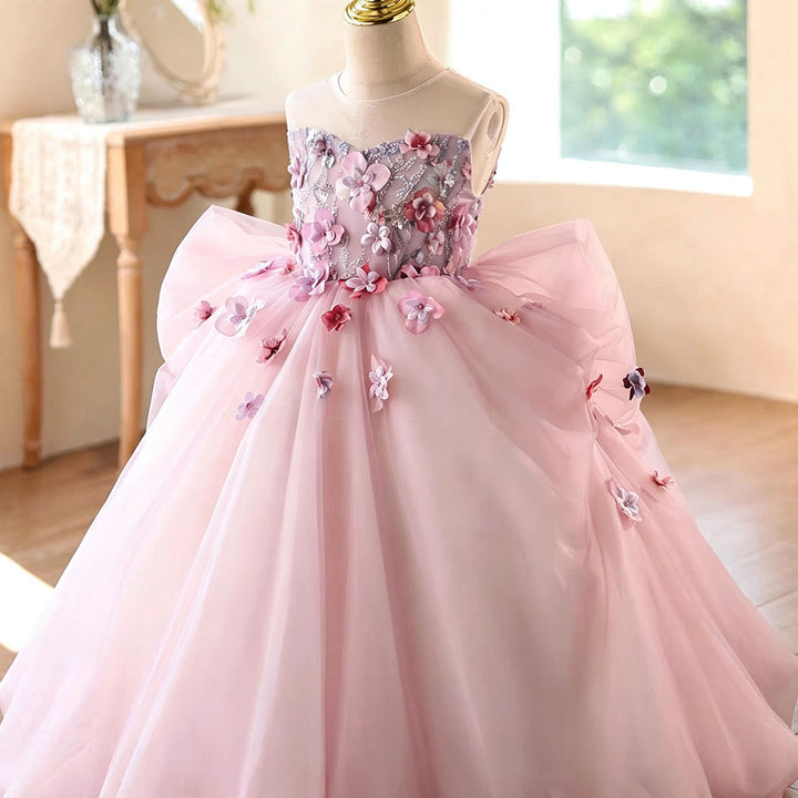 D369 pink tulle flower girl ball gown angle