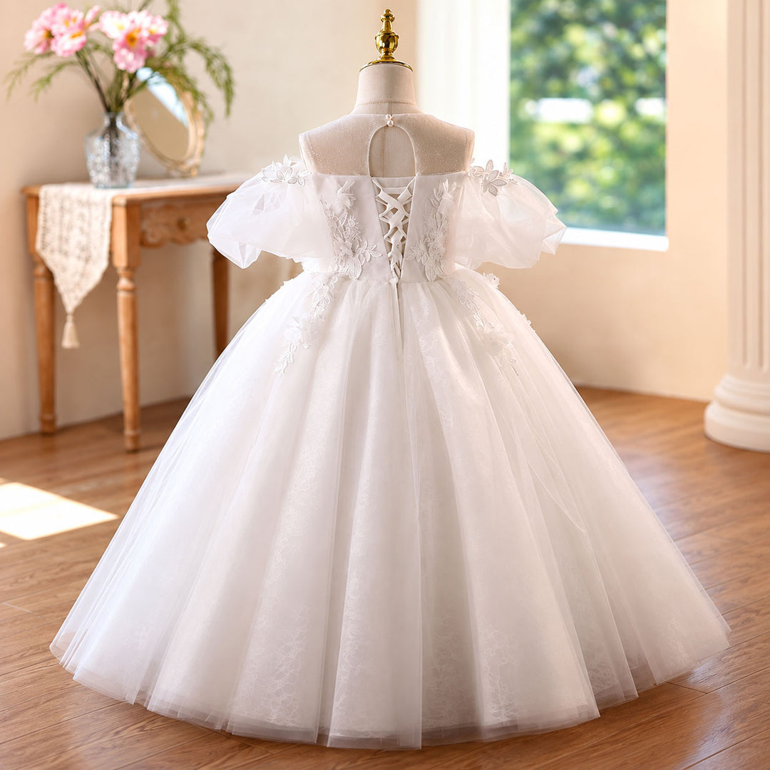 White lace up back flower girl dress D370