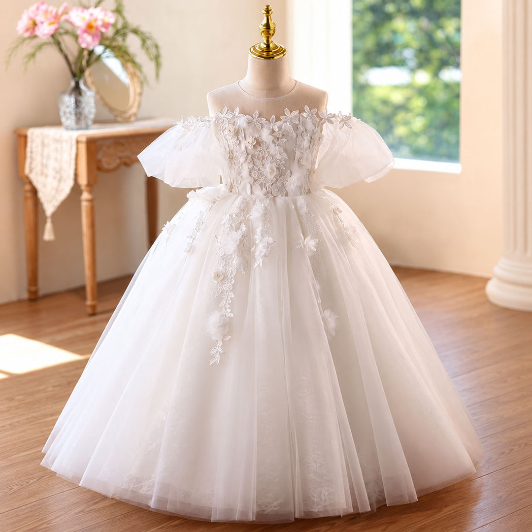 White off shoulder ruffle flower girl dress D370