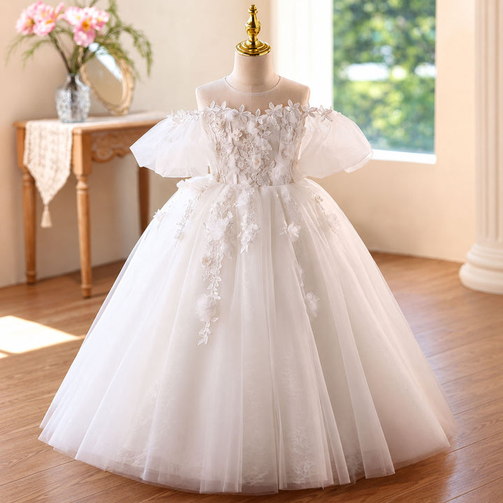 White off shoulder ruffle flower girl dress D370