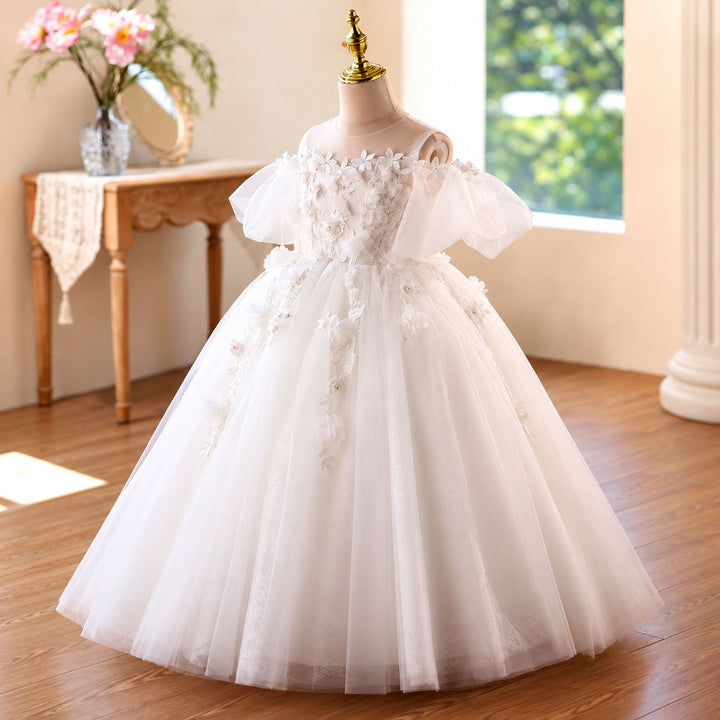 White princess flower girl dress angle view D370