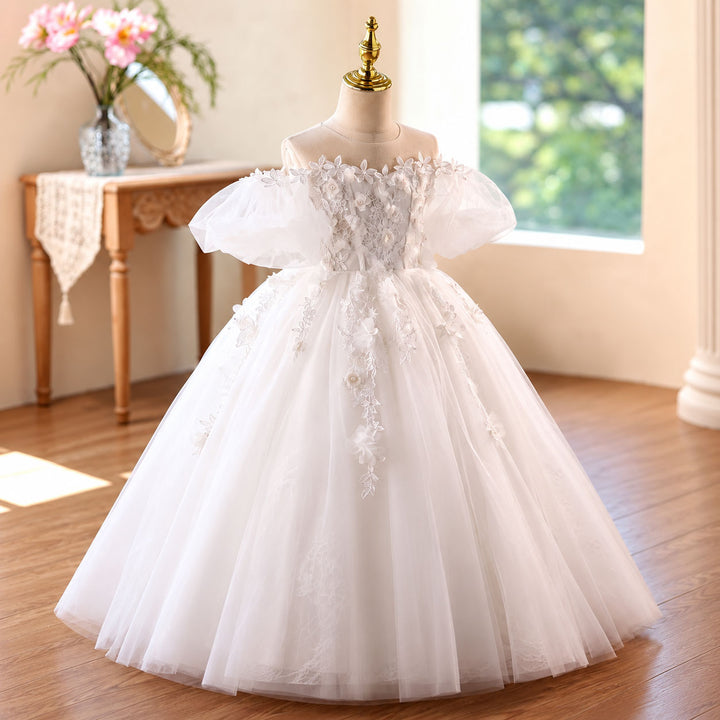 White tulle flower girl ball gown full view D370
