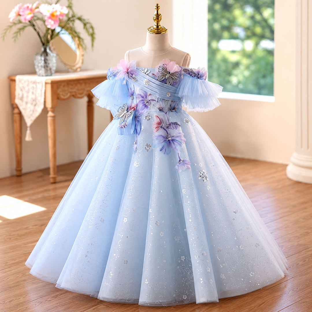 Blue floral butterfly flower girl ball gown front view D371