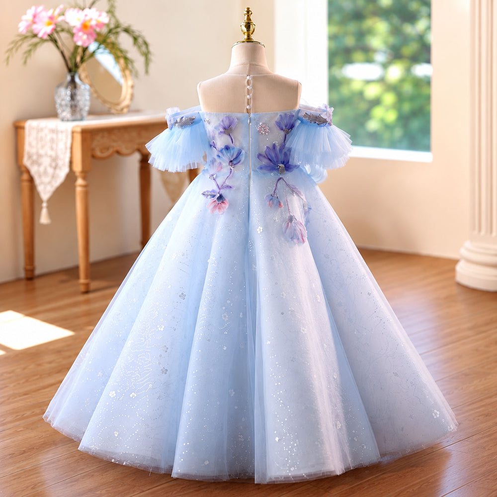 Blue off shoulder flower girl dress back view D371