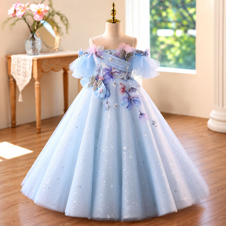 Blue princess flower girl dress full view D371