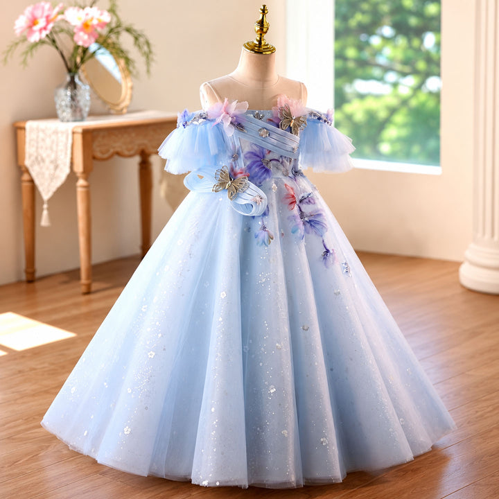 Blue tulle flower girl ball gown angle view D371