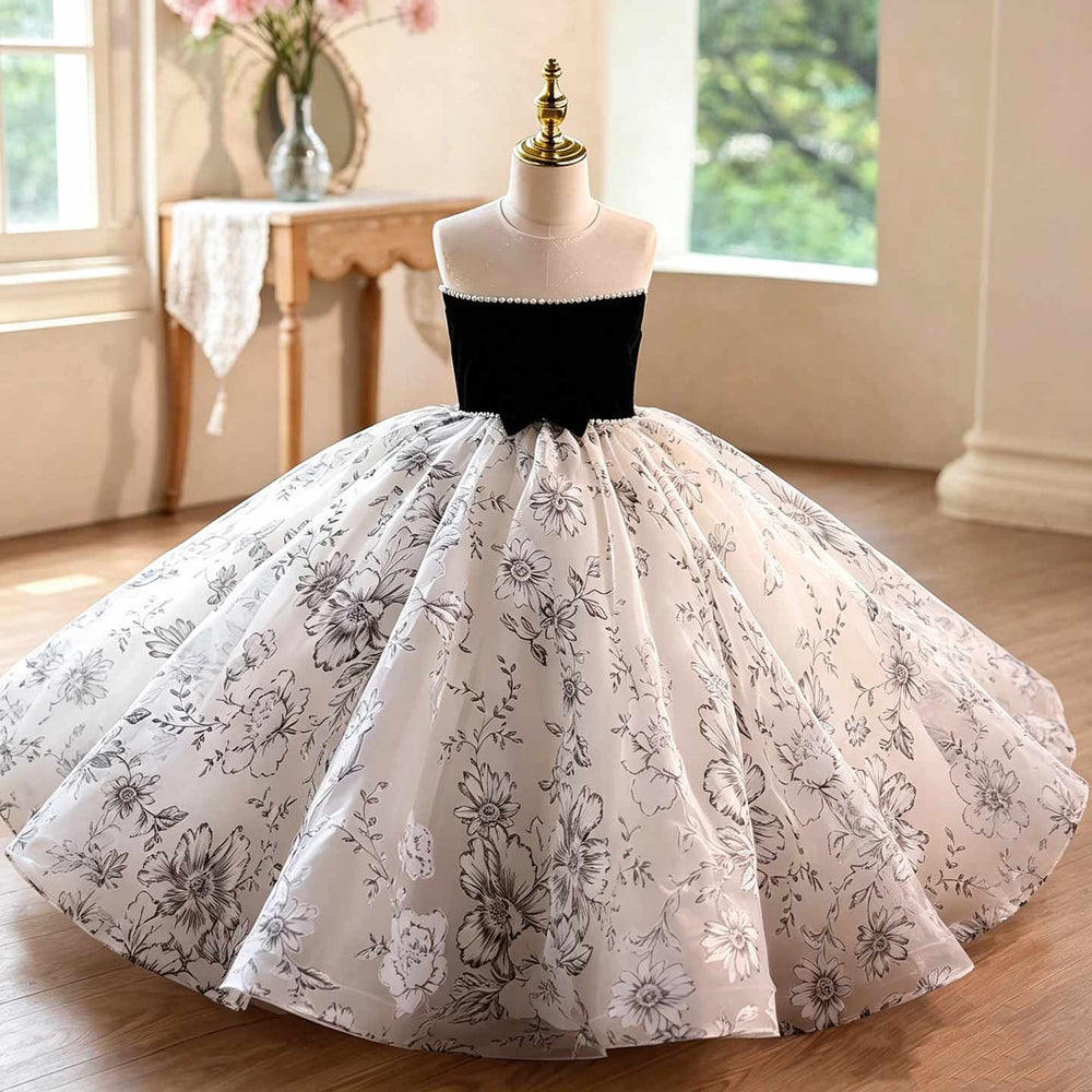 Black and white floral girls wedding dress D375, front