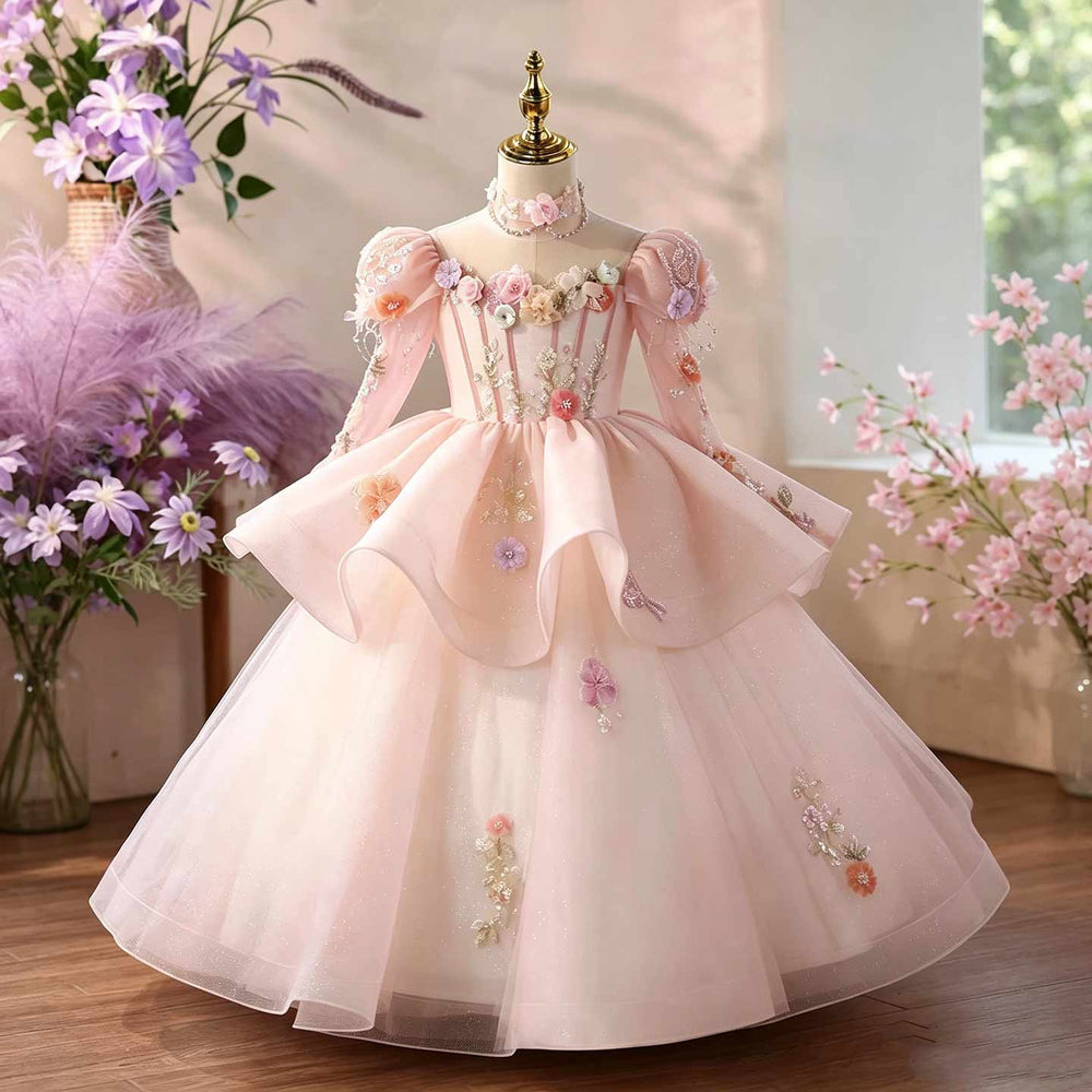 Pink long sleeve floral girls princess dress D376, front