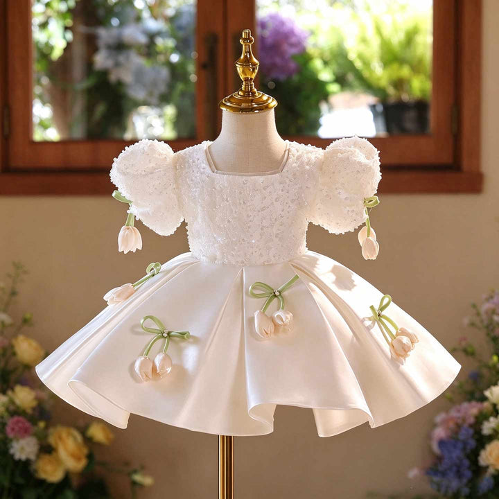 White tulip applique puff sleeve girls birthday dress D601 - front