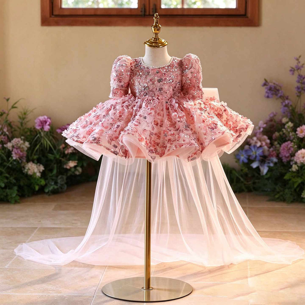 Pink 3D floral sequin puff sleeve girls pageant dress with tulle train D602