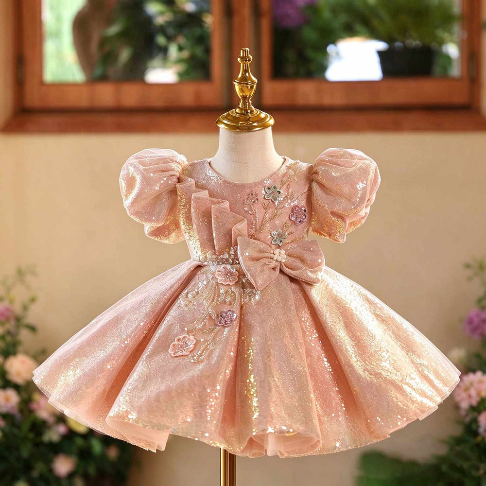 Pink sequin floral bow puff sleeve girls princess dress D603 front