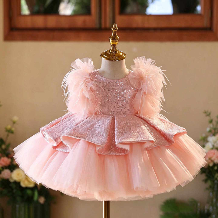 Pink sequin feather trim tulle girls party dress D604 front