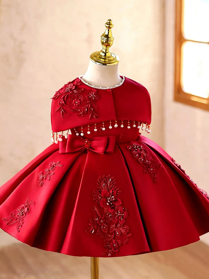 Red D607 girls dress cape detail