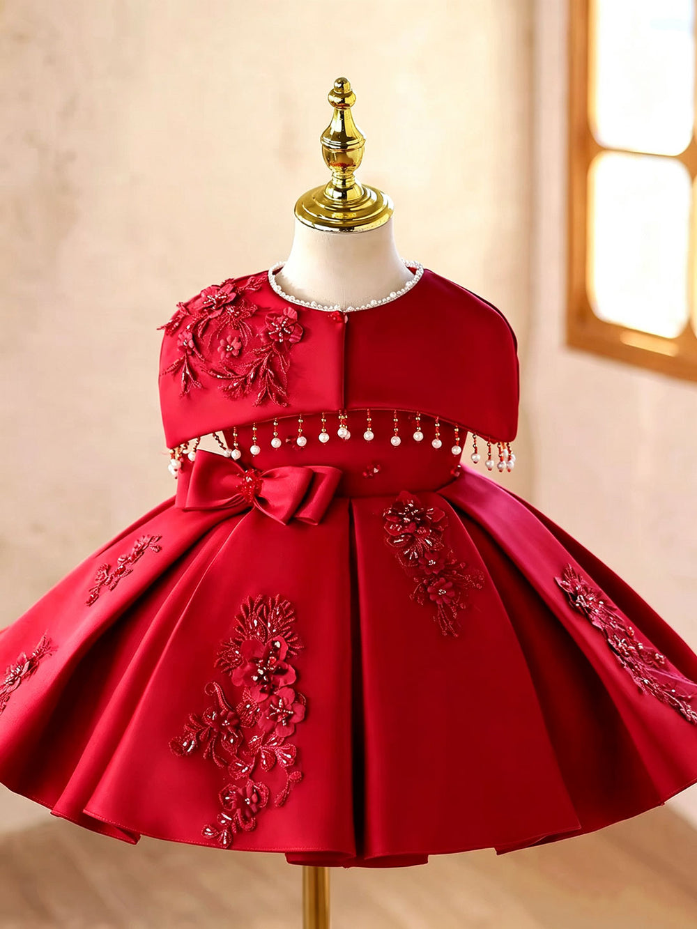 Red D607 girls dress front with cape