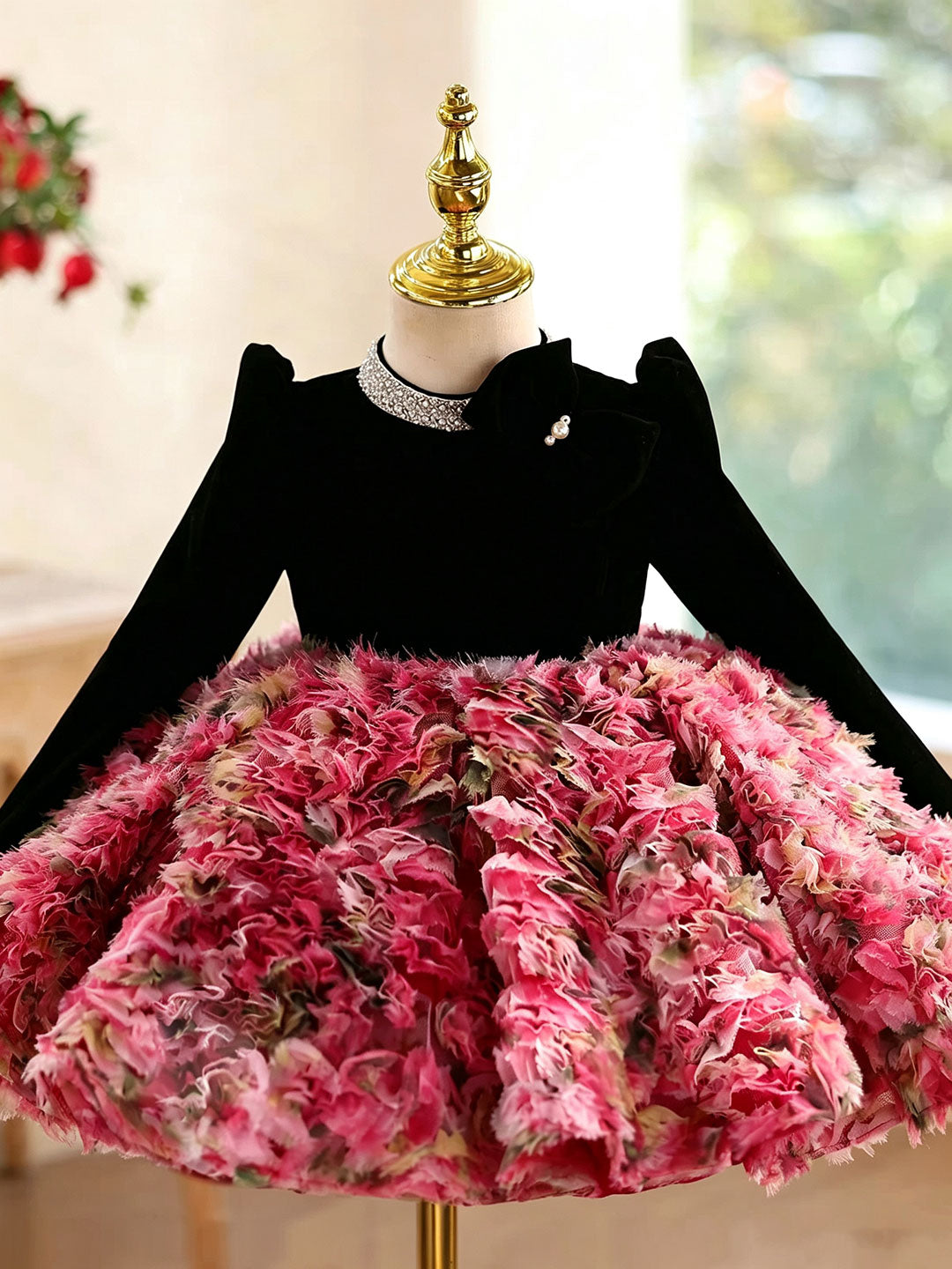 Black Red D608 girls dress side front