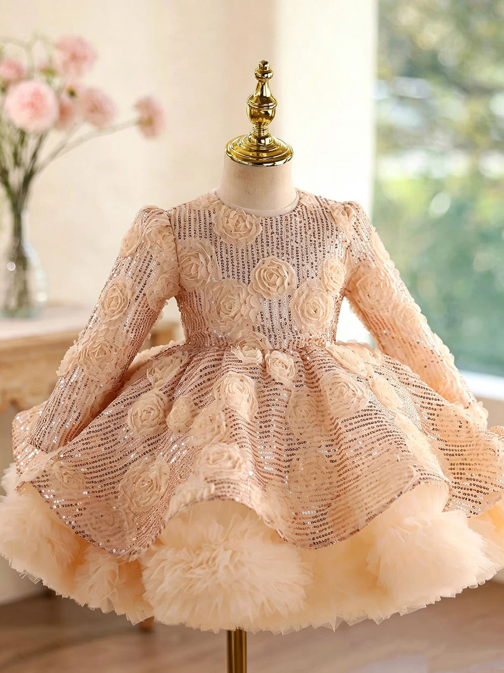 Champagne D609 girls dress side front