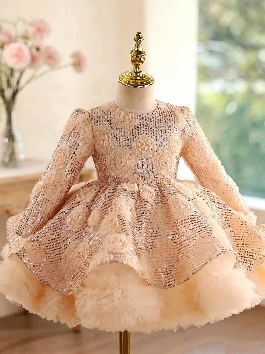 Champagne D609 girls dress side front