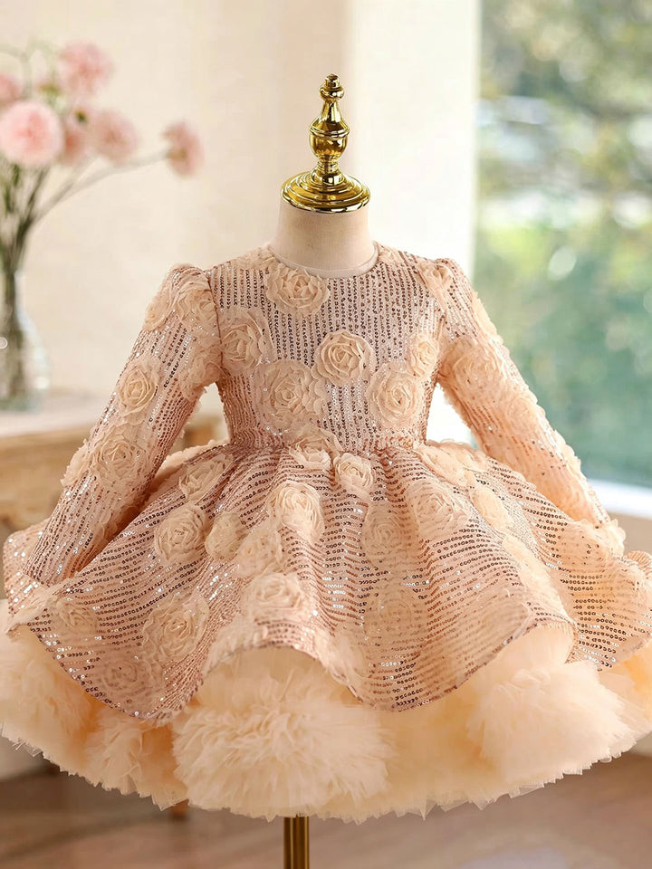 Champagne D609 girls dress three quarter front