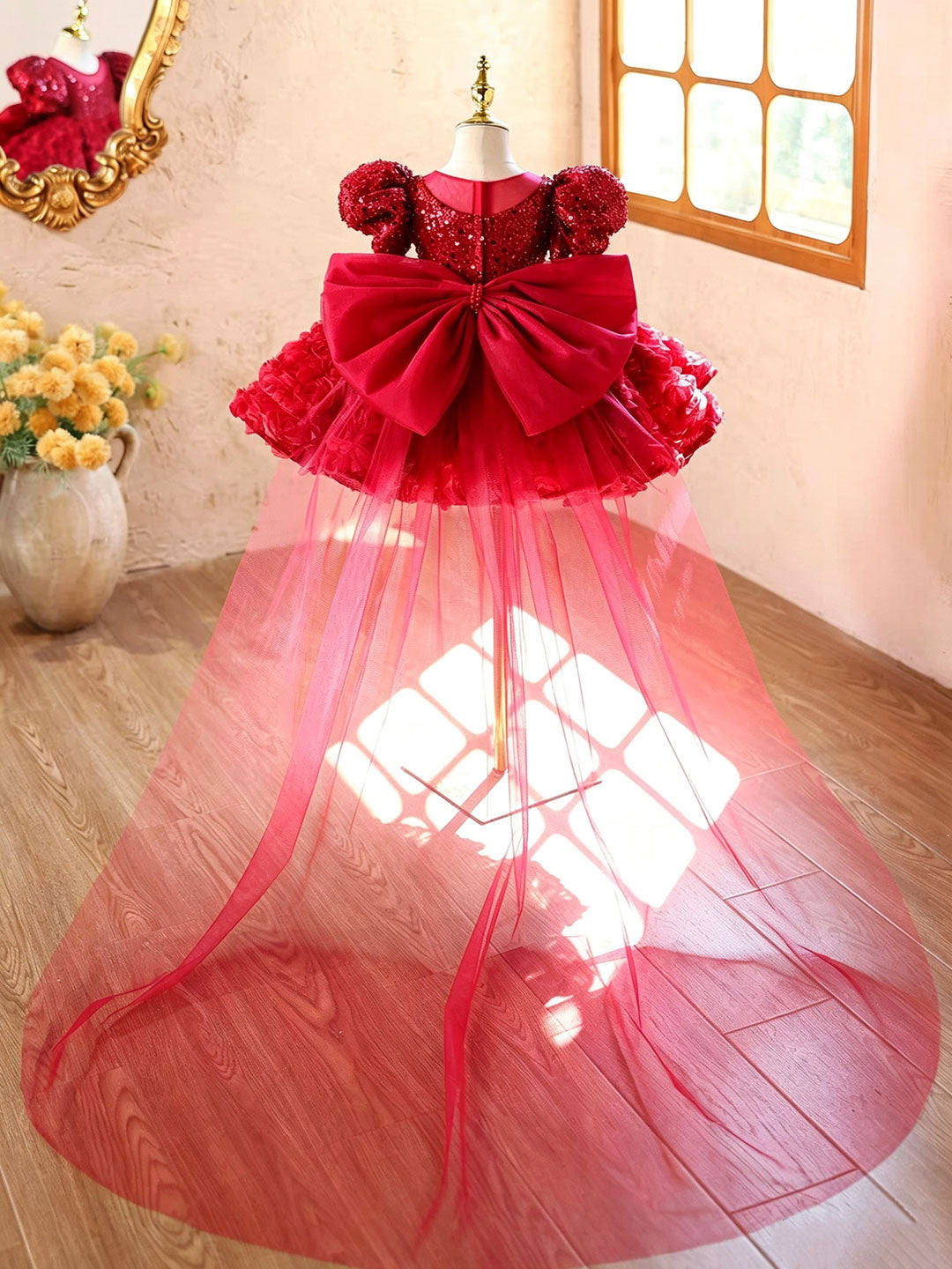 Red D611 girls dress back train