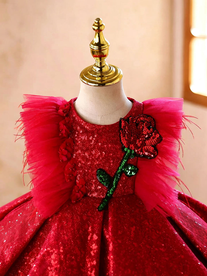 Red D613 girls dress rose detail