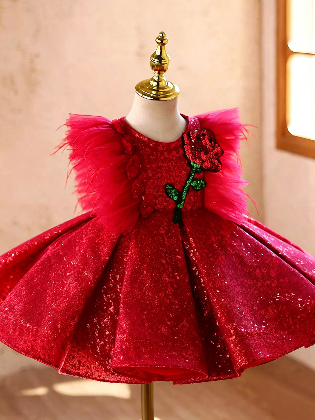Red D613 girls dress three quarter front