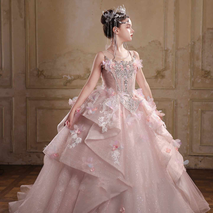 Pink 3D floral beaded princess ball gown flower girl dress J111 back