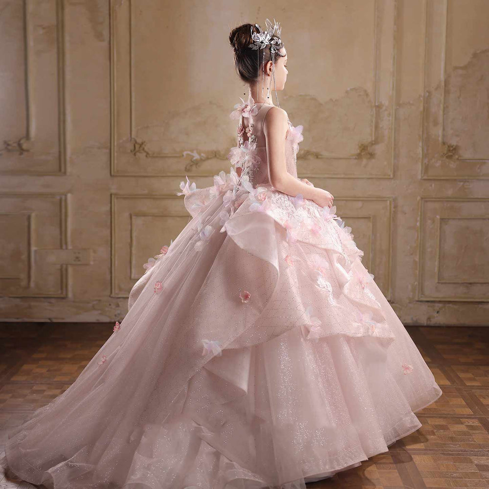 Pink 3D floral beaded princess ball gown flower girl dress J111 front