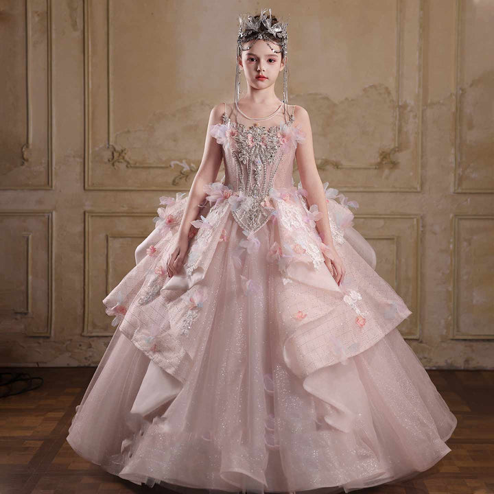 Pink 3D floral beaded princess ball gown flower girl dress J111 side
