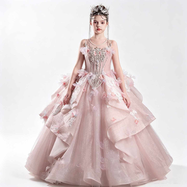 Pink 3D floral beaded princess ball gown flower girl dress J111 white background