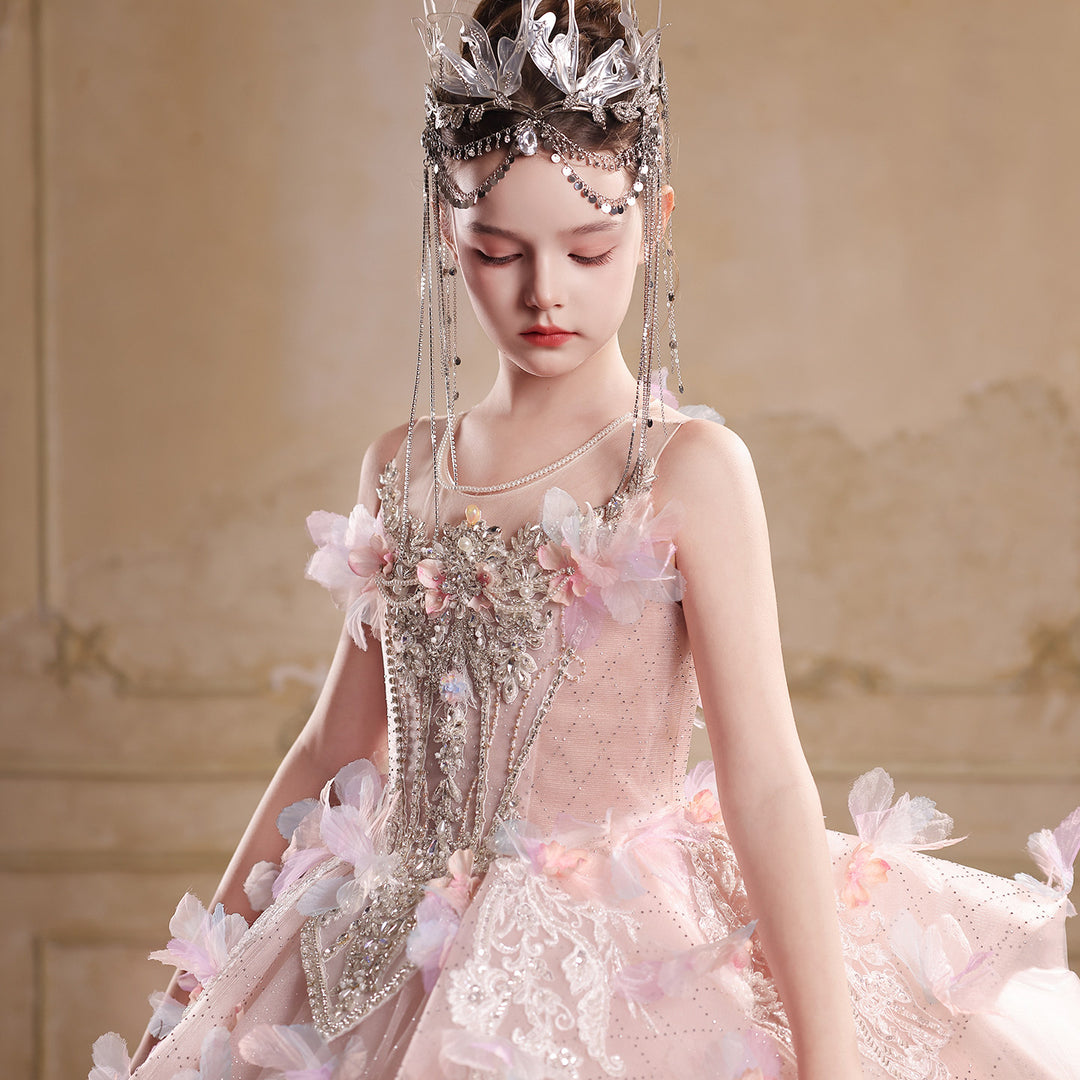Pink tulle flower girl dress J111 beaded bodice model front