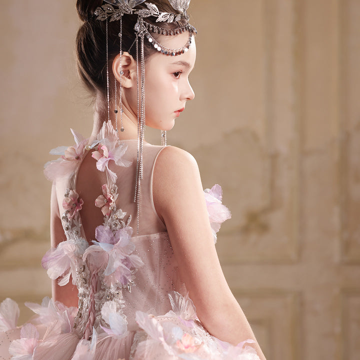 Pink tulle princess ball gown flower girl dress J111 model pose