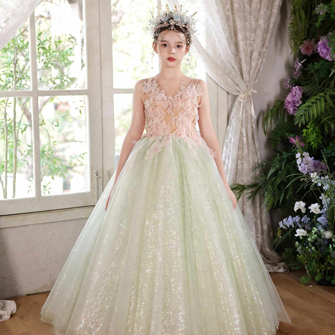 Sage green floral lace princess ball gown flower girl dress J118 back