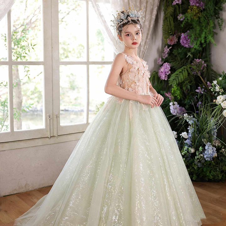 Sage green floral lace princess ball gown flower girl dress J118 front