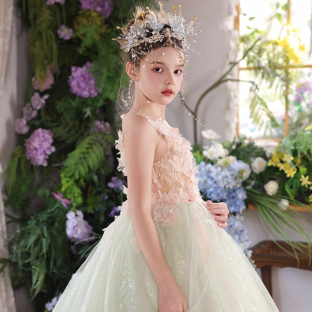 Sage green glitter tulle flower girl dress J118 model front