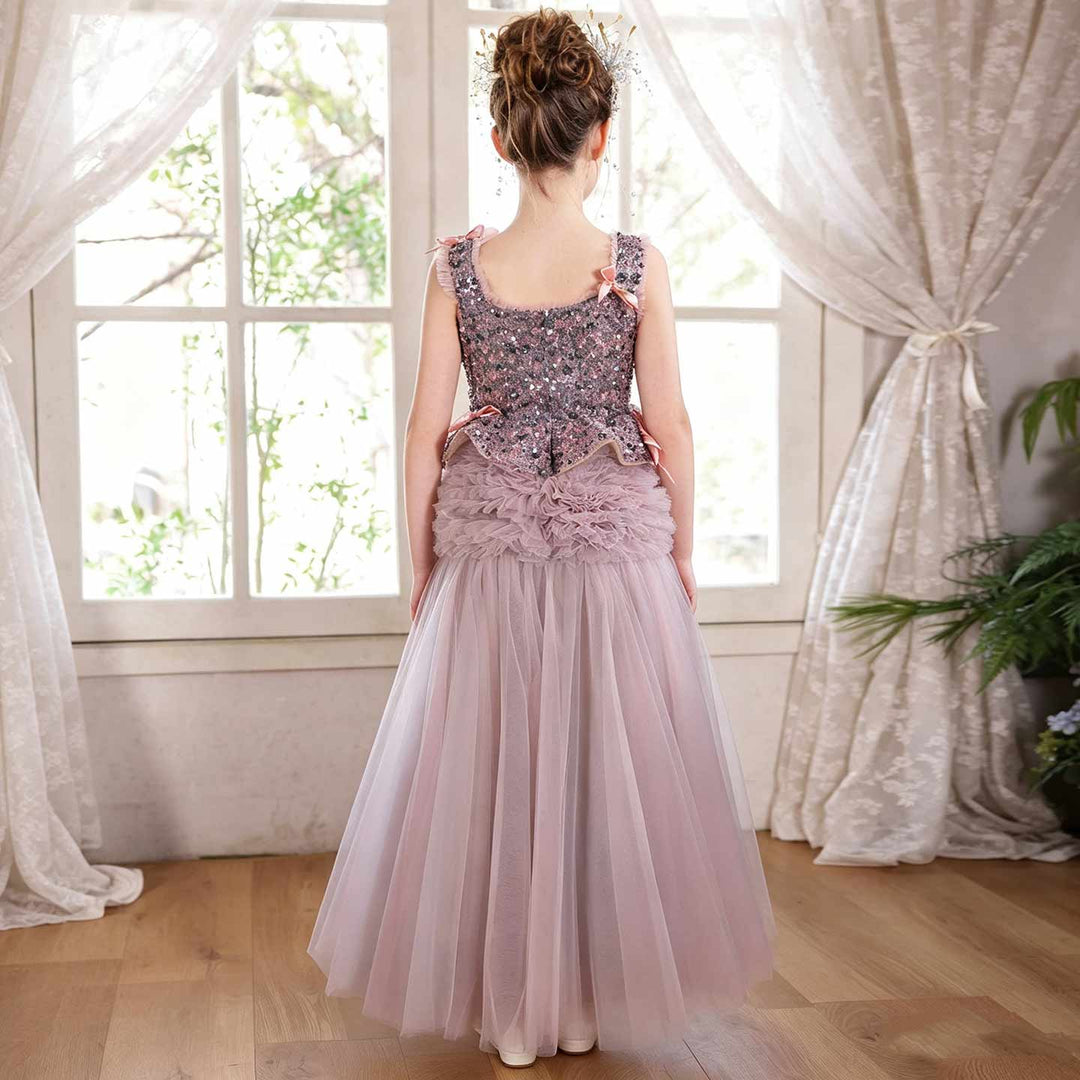 J121 Dusty Pink layered tulle flower girl dress detail