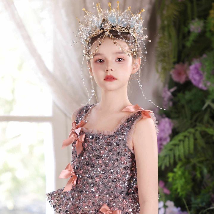J121 Dusty Pink sequin bow flower girl dress front pose