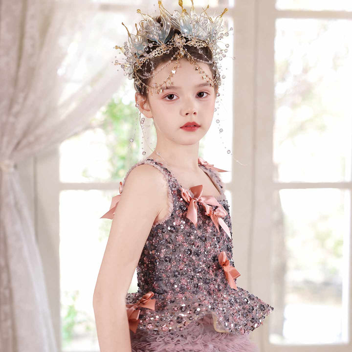 J121 Dusty Pink sequin bow flower girl dress side pose